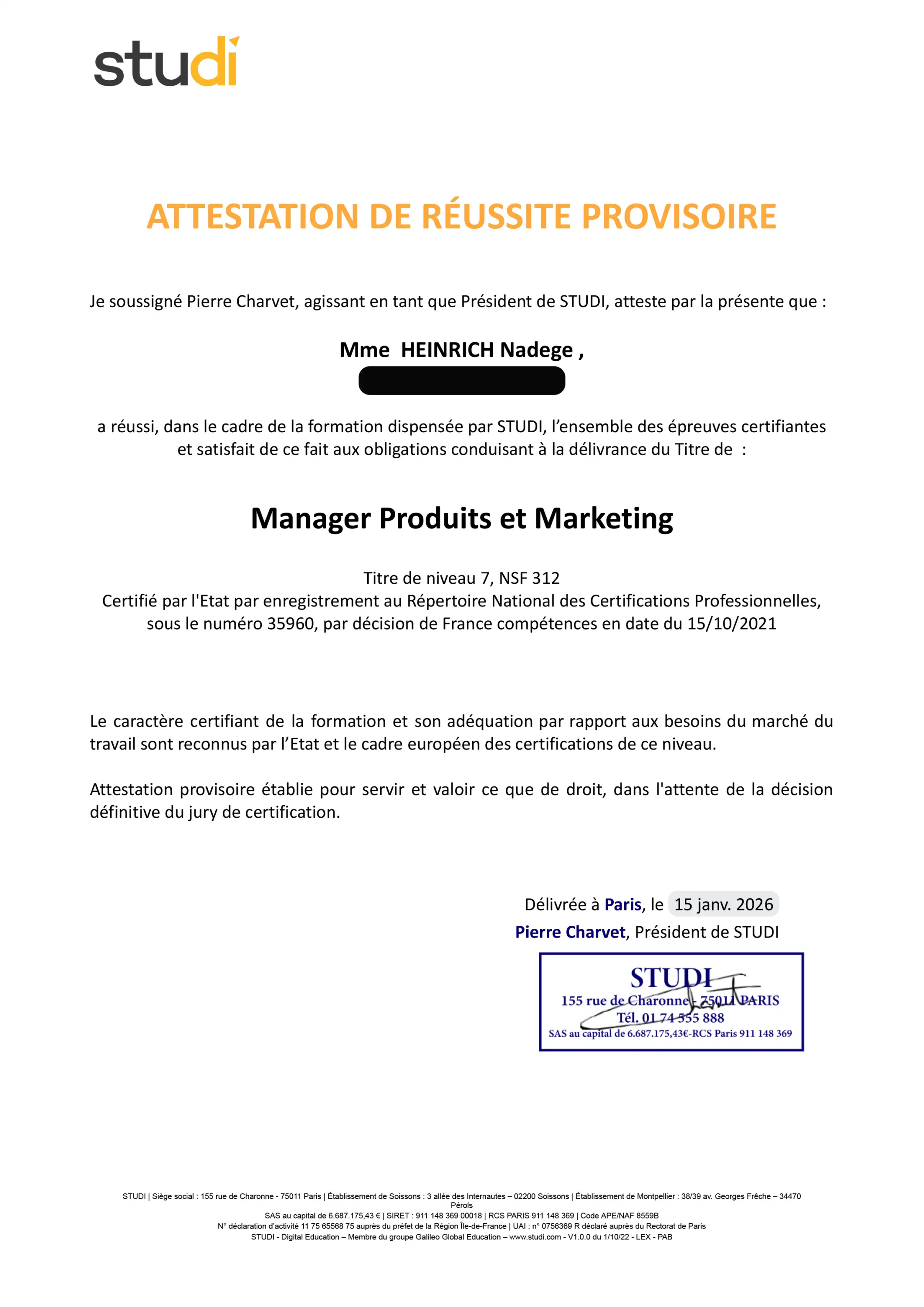 Attestation Manager Produits et Marketing de Nadège Heinrich