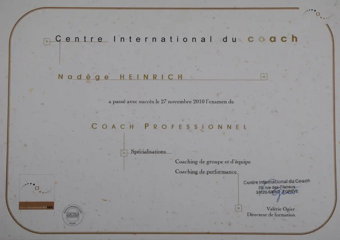 Diplome du Coach Professionnel Nadege HEINRICH
