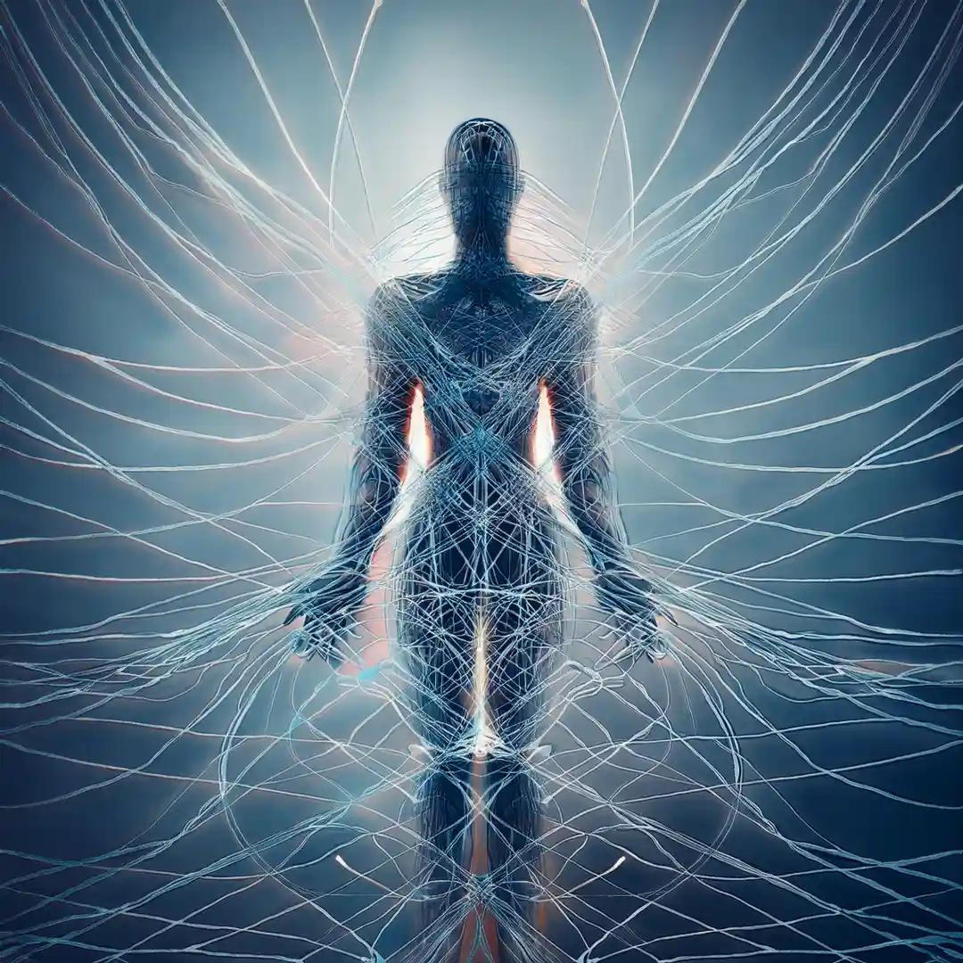 Être éthéré lumineux rayonnant des filaments de lumière, symbolisant une expansion de conscience ou une transformation spirituelle