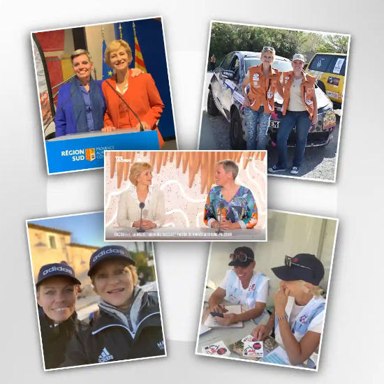Collage de photos de Nadège et Laurence lors d'expériences sur le terrain : rallyes automobiles, marathons et gestion d'événements.